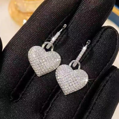 Dainty Full Cubic Zirconia Heart Dangle Small Hoop Earrings for Women Ladies Trendy Sweet Crystal Bling CZ Love Charm Drop Huggie Earring for Her Birthday Valentines Mother's Day Fine Jewelry Gifts - color: Silver-tone