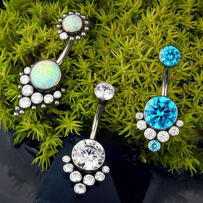 G23 Solid Titanium Belly Button Rings for Women Bezel Cluster 14G Implat-Grade Hypoallergenic Navel Rings Cute 14g Belly Rings - color: A-White Opal