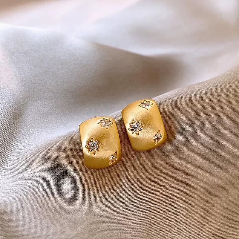 14K Gold Plated Women's Geometric Stud Earrings with Micro-Pave Zirconia, Semi-Curved Brushed Matte Finish,Elegant Light Luxury Jewelry Gift
