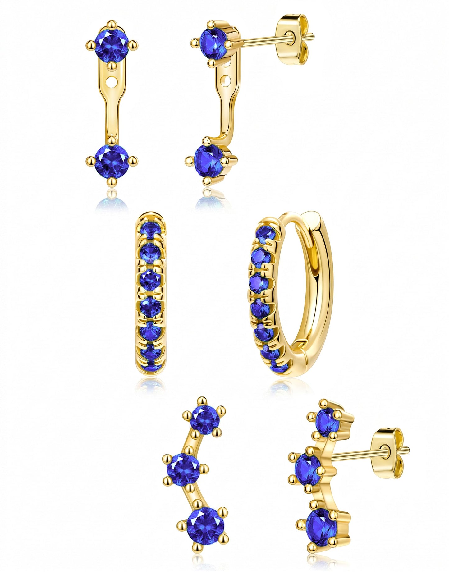 3 Pairs Dainty Small Earrings Set for Women Trendy, Birthstone Stud Huggie Hoop Jacket Stack for Cartilage Helix, Gold Plated Hypoallergenic Cute Women Fashion Accessories Western Jewelry Gifts - color: 09Blue Created Sapphire-Sept (Gold)