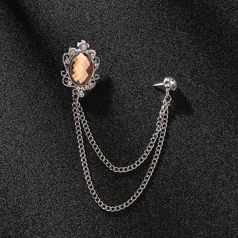 Men's Gem Tassel Brooch Lapel Pin Elegant Badge Hanging Chains Collar Brooches Pin for Career Suit Tuxedo of Shirts Tie Hat Scarf for Boyfriend Father Birthday - style: Silver with Champagne Crystal