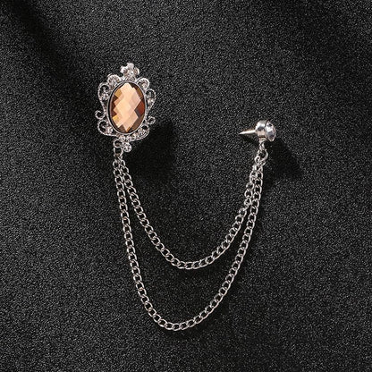 Men's Gem Tassel Brooch Lapel Pin Elegant Badge Hanging Chains Collar Brooches Pin for Career Suit Tuxedo of Shirts Tie Hat Scarf for Boyfriend Father Birthday - style: Silver with Champagne Crystal