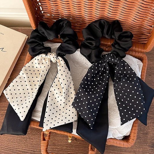 2Pcs Chic Black White Polka Dot Bow Hair Scrunchie Elegant Double-Layer Hair Ties with Large Decorative Bow Versatile Hair Accessories for Everyday Wear - color: Multicolored 14
