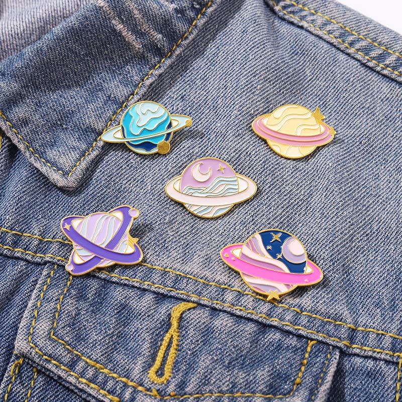 Cartoon Animal Enamel Brooch Set Cute Butterfly Duck Cat Lapel Pins for Backpacks Jacket Decoration Gifts for Friends - style: Solar System