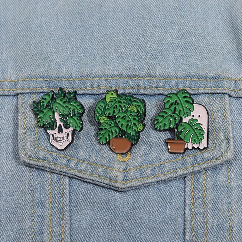 Cartoon Animal Enamel Brooch Set Cute Butterfly Duck Cat Lapel Pins for Backpacks Jacket Decoration Gifts for Friends - style: Green Potted Plant