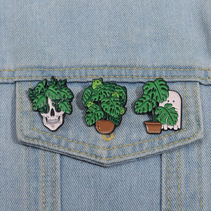 Cartoon Animal Enamel Brooch Set Cute Butterfly Duck Cat Lapel Pins for Backpacks Jacket Decoration Gifts for Friends - style: Green Potted Plant