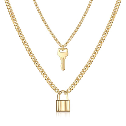 Turandoss Dainty Layered Choker Necklace, Handmade Y Pendant Necklace Multilayer Bar Disc Necklace Adjustable Layering Choker Necklaces for Women - style: 2PCS - Key&Lock