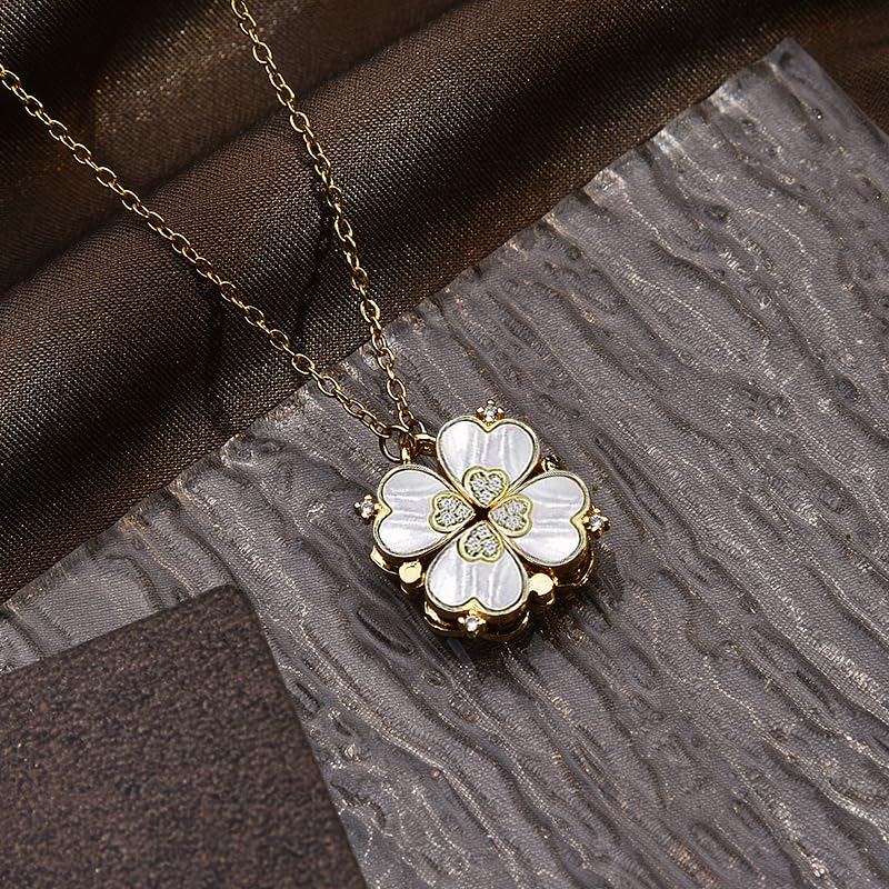 Four Leaf Clover Necklace Foldable for Women,Four Heart Grass Women's Necklaces Crocker,Retro Magnetic Folding Love Heart Pendant One Style,Two Wearing Methods - color: Gold