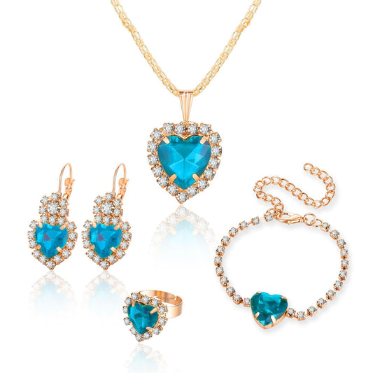 MALOYANVE 4PCS Crystal Heart Jewelry Set Glitter Gold Cubic Zirconia Love Heart Pendant Necklace Lightweight Hoop Earrings Bangle Bracelet Adjustable Open Ring Prom Wedding Jewelry for Women - color: Blue