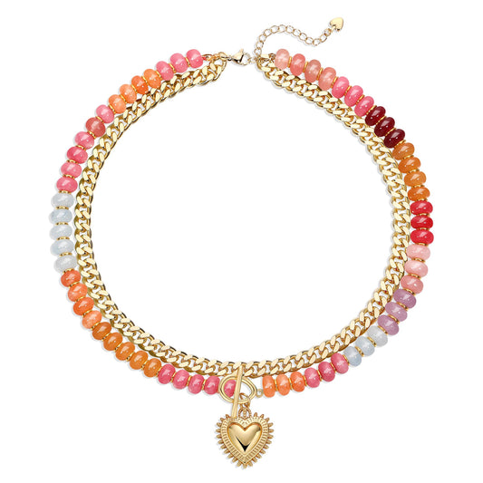 GINAZL Natural Stone Beaded Layered Necklaces for Women, 14K Gold Plated Heart Pendant,Chunky Colorful Beaded Choker Necklace, Trendy Summer Beach Necklace for Women Hypoallergenic Summer Beach Jewelry Gifts for Women - color: Pink ＆ Orange