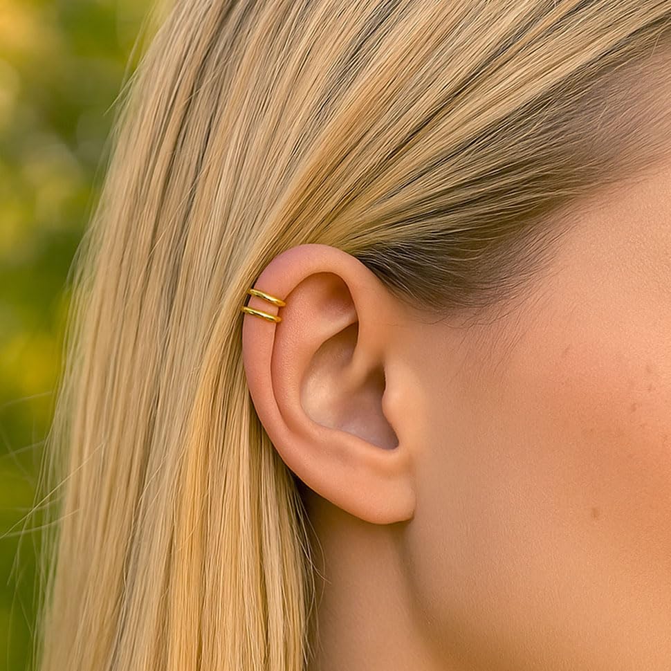 Fake Double Hoop Helix Piercing Ear Cuff - 14K Gold Filled, 925 Sterling Silver, Black Silver Ear Cuffs - Faux Helix Hoop Earring - Clip On Fake Piercing Jewelry - Ear Cuffs Non Piercing - color: 14k Gold
