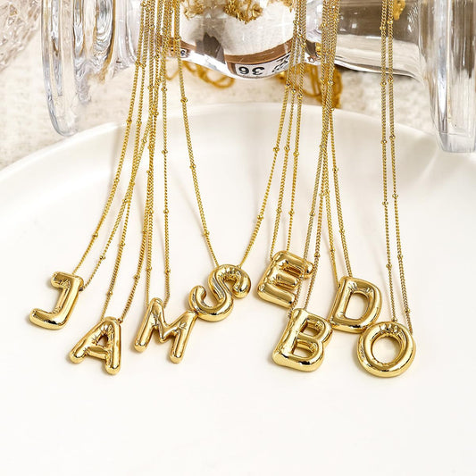Bubble Letter Necklace for Women, 14k Gold Plated Initial Letter Pendant Necklace Personalized Jewelry A - Z 26 letters - style: Gold-T