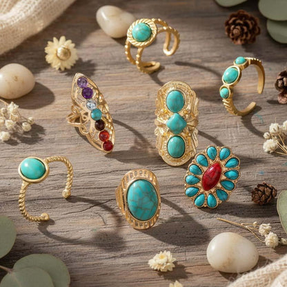 Chunky Gold Rings for Women Non Tarnish, Baroque Pearl Flower Tiger's Eye Stone Rings Adjustable Stacking Statement Rings Set Fashion Jewelry Gifts - style: Turquoise/red/colorful