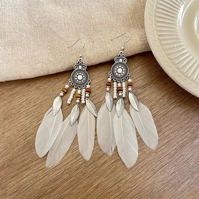 Boho Western Earrings for Women Western Feather Earrings Vintage Concho Turquoise Teardrop Dangle Earrings Country Concert Jewelry Accessories - style: White feather
