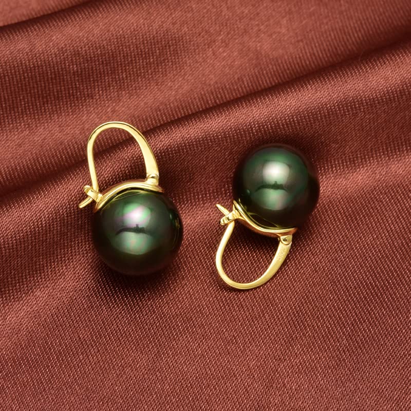 HUGE TOMATO 925 Sterling Silver Simulated Shell Pearl Earrings for Women Trendy, Big Pearl Drop Earrings Leverback Stud,18K Gold Plated Large Pearl Hoop Dangle Hypoallergenic Jewelry 14mm - color: Black Green