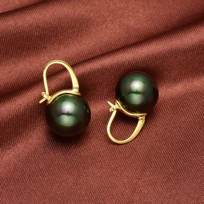 HUGE TOMATO 925 Sterling Silver Simulated Shell Pearl Earrings for Women Trendy, Big Pearl Drop Earrings Leverback Stud,18K Gold Plated Large Pearl Hoop Dangle Hypoallergenic Jewelry 14mm - color: Black Green