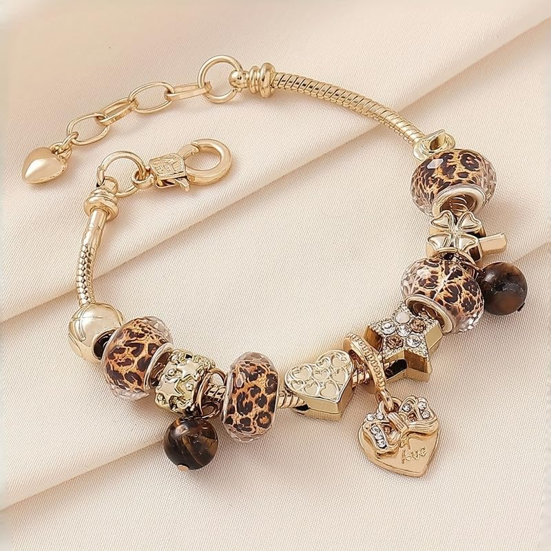 1PC Charm Bracelet, Gold Tone Snake Chain, Leopard Print Beads, Heart And Star Charms, Tiger Eye Accents, Vintage Style Jewelry For Outfit Matching(Gold)