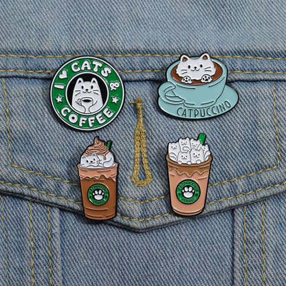 Cartoon Animal Enamel Brooch Set Cute Butterfly Duck Cat Lapel Pins for Backpacks Jacket Decoration Gifts for Friends - style: Bottle Cat Cup