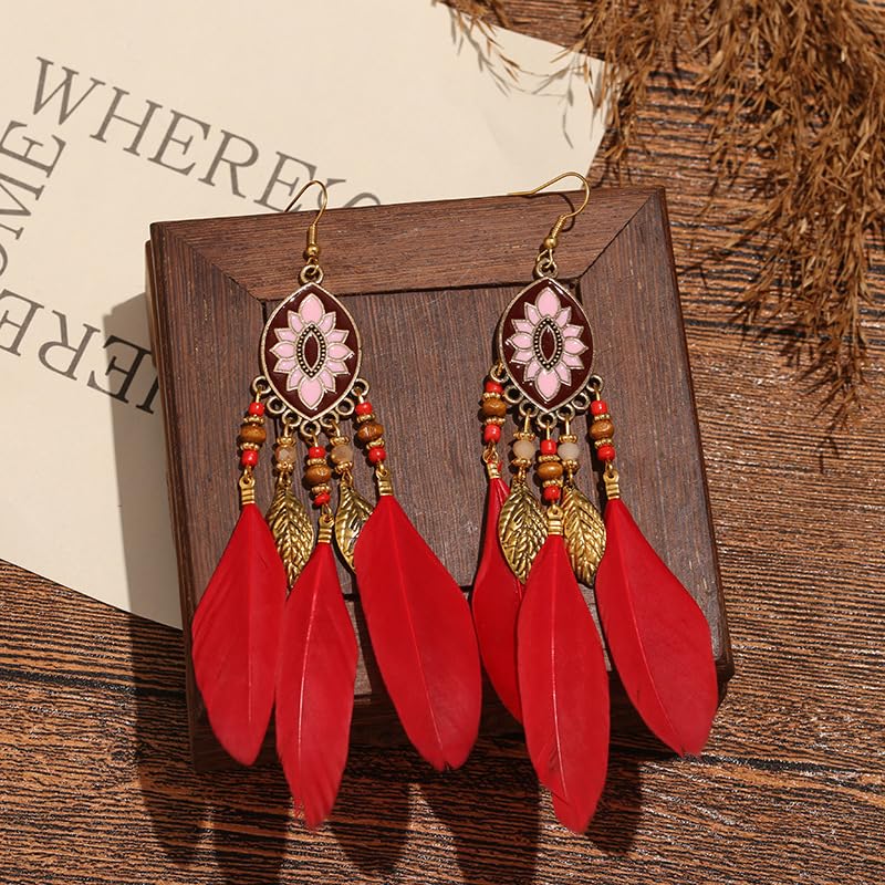 Dreuyet Boho Long Feather Drop Dangle Earrings for Women Retro Bohemian Ethnic Fringe Multicolor Tassel Feather Earring Handmade Statement Dream Catcher Earrings Jewelry - color: Red Oval
