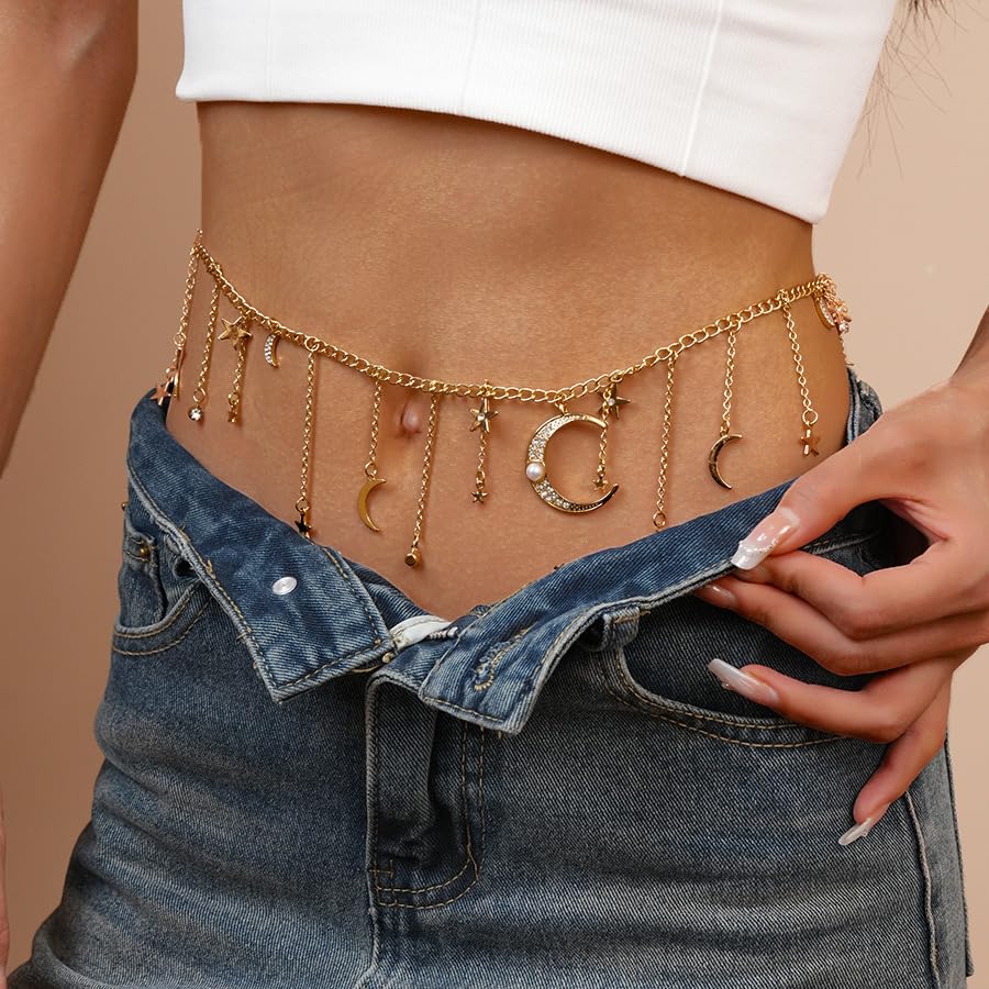 Moon Star Waist Chain for Women Gold/Silver Plated Metal Tassel Waist Chain Women Adjustable Bohemia Body Link Belts Body Belly Jewelry for Jeans Dresses - color: Gold