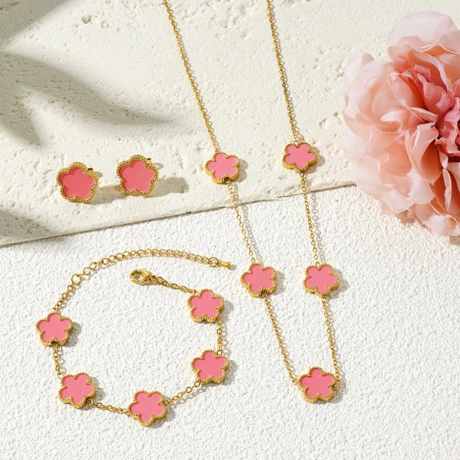 14K Gold-Filled Clover Necklace For Women - Classic Five-Leaf Flower Set Bracelet Necklace Earrings Jewelry Set, Five Leaf Clover Necklaces Dainty Lucky Clover Jewelry - color: Pink - Clover Necklace