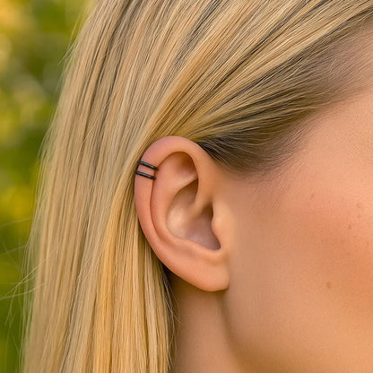 Fake Double Hoop Helix Piercing Ear Cuff - 14K Gold Filled, 925 Sterling Silver, Black Silver Ear Cuffs - Faux Helix Hoop Earring - Clip On Fake Piercing Jewelry - Ear Cuffs Non Piercing - color: Black Silver