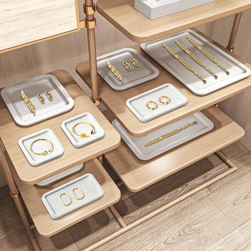 Microfiber Jewelry Trays Stackable Ring Earring Bracelet Necklace Bangle Watch Display Tray Drawer Organizer 3.93 * 3.93 * 0.59inch (White - color: Beige, size: 10*10cm Tray