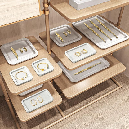 Microfiber Jewelry Trays Stackable Ring Earring Bracelet Necklace Bangle Watch Display Tray Drawer Organizer 3.93 * 3.93 * 0.59inch (White - color: Beige, size: 10*10cm Tray