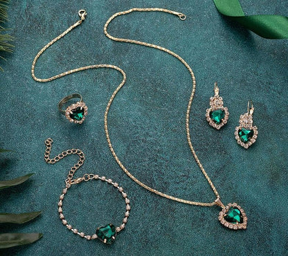 MALOYANVE 4PCS Crystal Heart Jewelry Set Glitter Gold Cubic Zirconia Love Heart Pendant Necklace Lightweight Hoop Earrings Bangle Bracelet Adjustable Open Ring Prom Wedding Jewelry for Women - color: Green