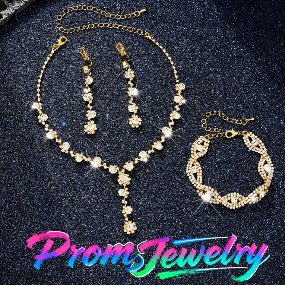 Sixexey Rhinestone Jewelry Set Bridal Necklaces Clip On Earrings Set Wedding Prom Jewelry Accessories for Women - color: Gold