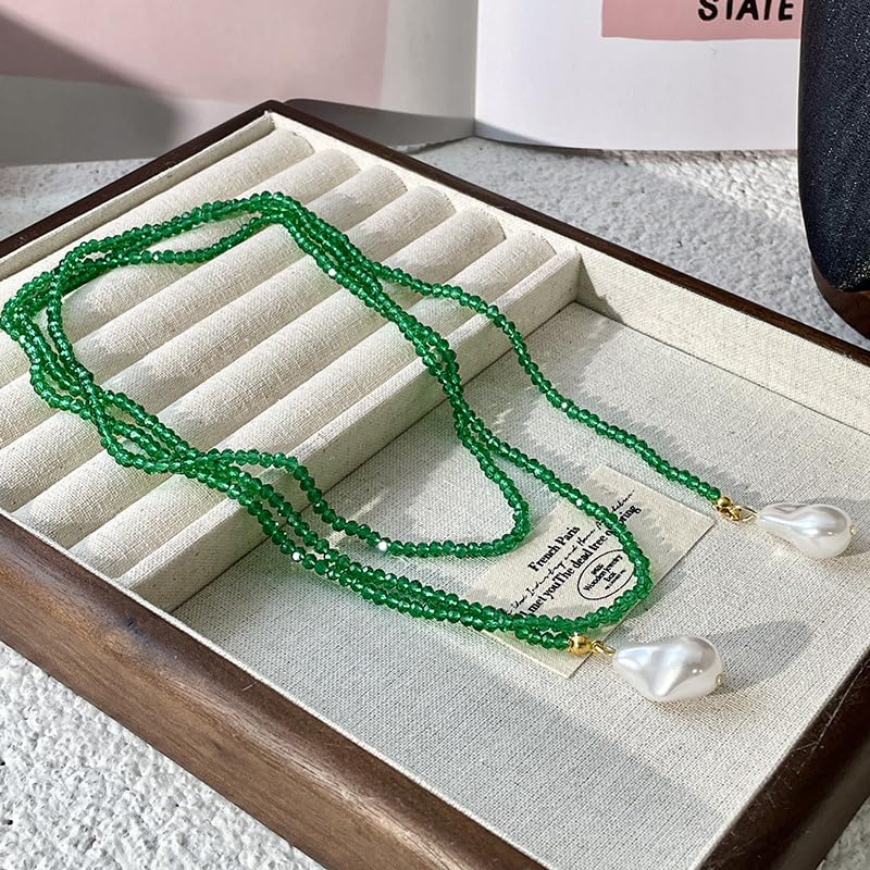 Long Green Beaded Lariat Necklace for Women Slip Tie Adjustable Wrap Around Black Beads Choker Baroque Long Pearl Drop Pendant Y Shaped Lariat Necklace Jewelry - color: Green