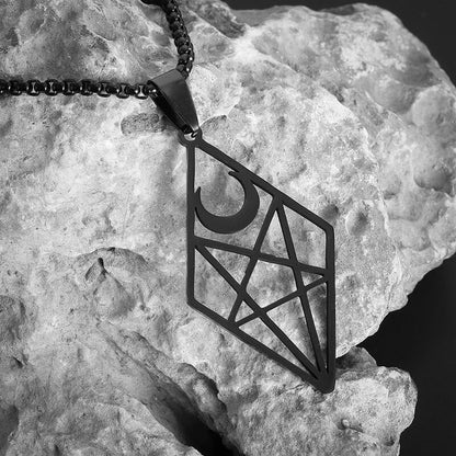 Stainless Steel Inverted Five-Pointed Star and Moon Pendant Necklace Men Women Gothic Pagan Satanic Magic Jewelry - color: black