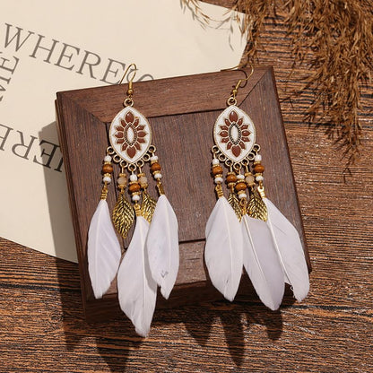 Dreuyet Boho Long Feather Drop Dangle Earrings for Women Retro Bohemian Ethnic Fringe Multicolor Tassel Feather Earring Handmade Statement Dream Catcher Earrings Jewelry - color: White Oval