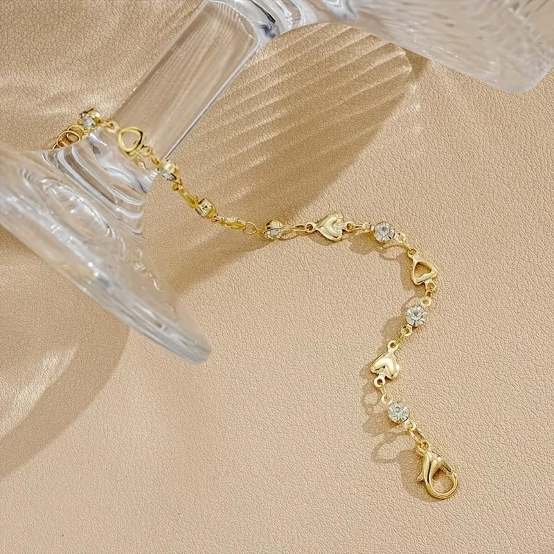 1PC Chain Bracelet, Gold Tone, Solid And Hollow Heart Charms, Paved Crystal Accents, Minimalist Design, Jewelry For Outfit Matching(Gold)