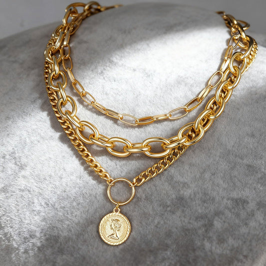 Layered Chunky Gold Necklace for Women Chunky Cuban Link Paperclip Chains Necklace Gold Coin Pirate Pendant Necklace Vintage Halloween Jewelry Set Gifts - color: Gold