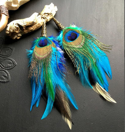 Bohemian Pheasant Peacock Long Feathers Statement Earrings Handmade Natural Lightweight Feather Dangle Earrings for Women (ea000071) - color: Peacock Blue 2