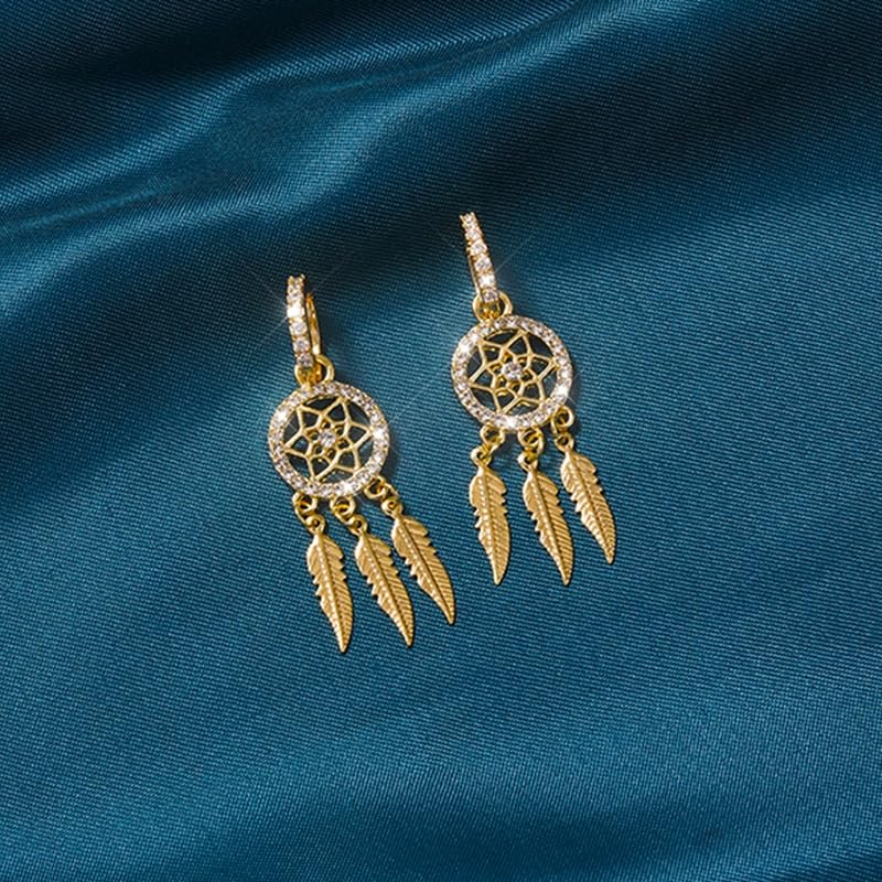 Dream Catcher Dangle Earrings for Women, Boho Feather Tassels Drop Earrings Geometric AAA Zircon Ear Jewelry