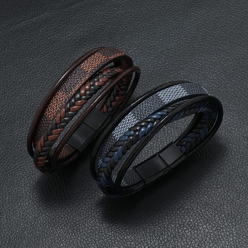 Multi-Layer Leather Bracelet for Men Women Handmade Woven Leather Wrap Bracelet Vintage Statement Bracelet With Clasp Birthday Jewelry Gift