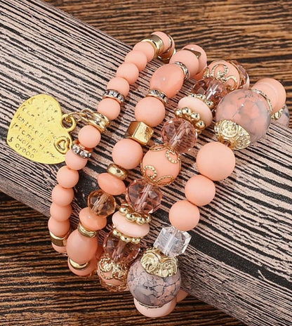 Women Beaded Bracelet Set | Colorful Boho Stackable Trendy Design with Crystal Accents Multilayer Bangle Bracelet | Fashion Stretch Braclets Jewelry for Women - color: Peach