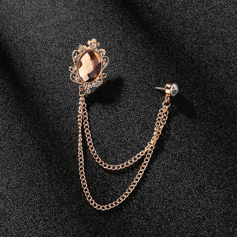 Men's Gem Tassel Brooch Lapel Pin Elegant Badge Hanging Chains Collar Brooches Pin for Career Suit Tuxedo of Shirts Tie Hat Scarf for Boyfriend Father Birthday - style: Gold with Champagne Crystal