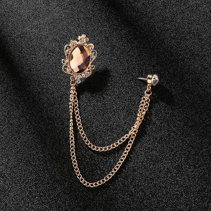 Men's Gem Tassel Brooch Lapel Pin Elegant Badge Hanging Chains Collar Brooches Pin for Career Suit Tuxedo of Shirts Tie Hat Scarf for Boyfriend Father Birthday - style: Gold with Champagne Crystal