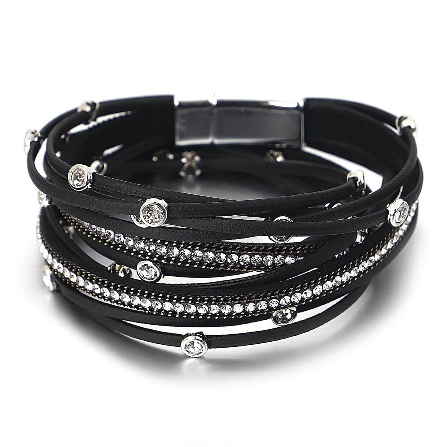 Fesciory Leather Wrap Bracelet for Women, Boho Western Layered Cuff Jewelry | Stackable Bracelets, Easy-On Clasp, Daily Wear, Pairs with Boho Western Outfits, Gift for Women - color: Black10