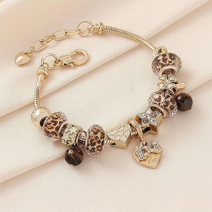 1PC Charm Bracelet, Gold Tone Snake Chain, Leopard Print Beads, Heart And Star Charms, Tiger Eye Accents, Vintage Style Jewelry For Outfit Matching(Gold)
