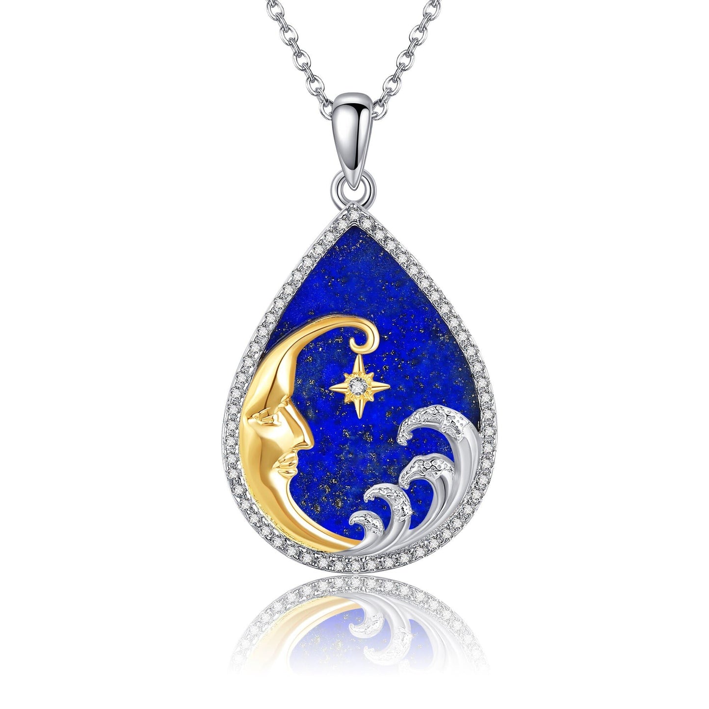 Moon/Lighthouse Necklace 925 Sterling Silver Abalone/Lapis Lazuli Lotus Flower Necklace for Women Crescent Jewelry Gift - style: Teardrop Moon