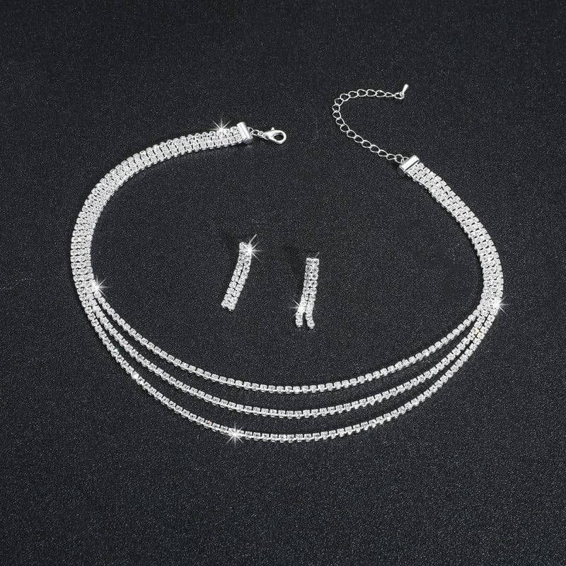 Gold Statement Choker Necklace for Women – Trendy Silver Long Layered Snake Chain Drop Necklace, Elegant Prom Party Jewelry Gift, Delicate Accessories for Her - color: B-Silver inlaid zircon necklace earrings two-piece set