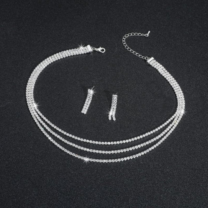 Gold Statement Choker Necklace for Women – Trendy Silver Long Layered Snake Chain Drop Necklace, Elegant Prom Party Jewelry Gift, Delicate Accessories for Her - color: B-Silver inlaid zircon necklace earrings two-piece set