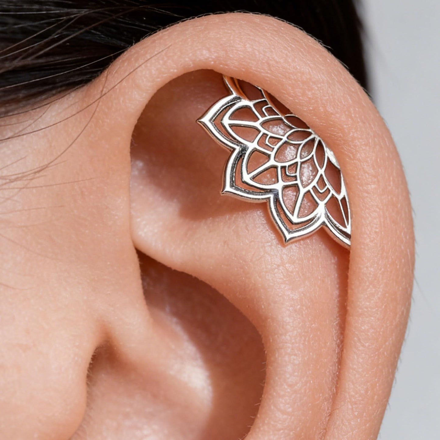 14K Gold Plated Hidden Helix Piercing Jewelry for Women Gothic Boho Mandala Lotus Cartilage Earring Flat Back Pure Titanium Geometric Helix Stud Unique Spiritual Punk Jewelry Gifts - color: Silver