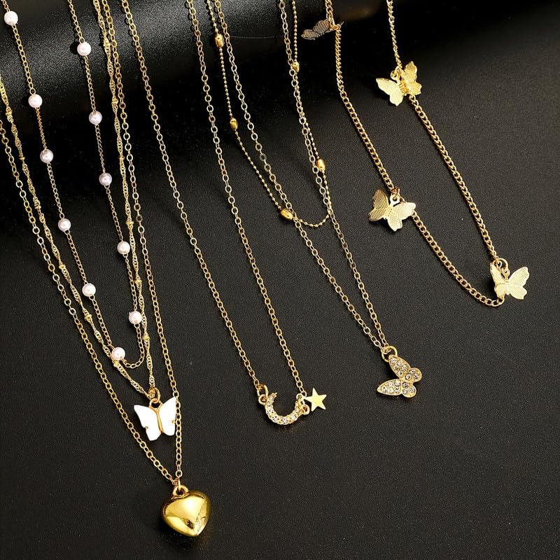 11 Pcs Gold Tone Layered Necklace Set, Dainty Pearl Chain, CZ Butterfly, Heart, Moon Star & Vertical Bar Pendant, Minimalist Trendy Jewelry for Women (Gold)