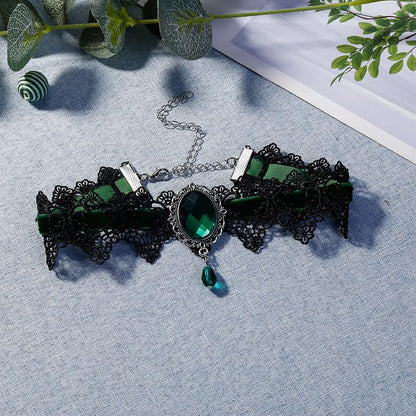 CSIYANJRY99 Gothic Choker Necklace for Women Halloween Red Crystal Vampire Choker Steampunk Lace Choker Witch Costume Accessories - style: Green