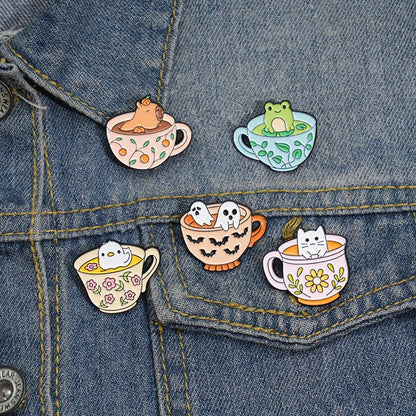 Cartoon Animal Enamel Brooch Set Cute Butterfly Duck Cat Lapel Pins for Backpacks Jacket Decoration Gifts for Friends - style: Animal Cup
